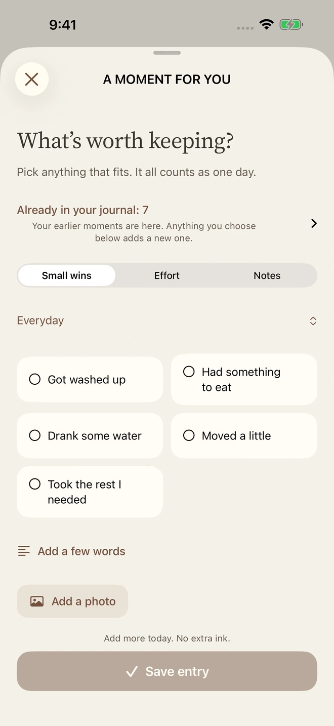 Journal editor with options for what you did and got through