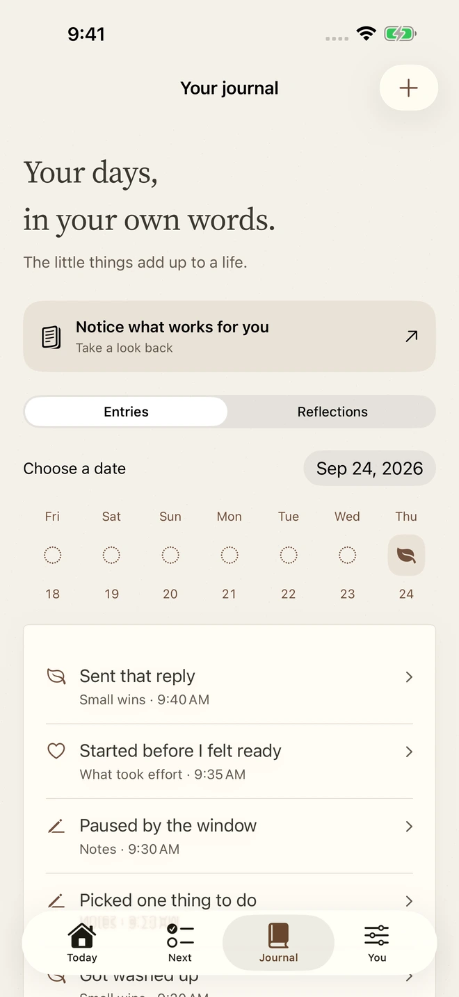 Journal with dated entries and access to reflections