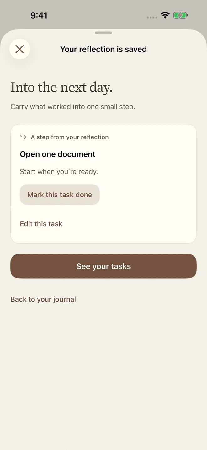 Saved reflection with a next step linked to a task
